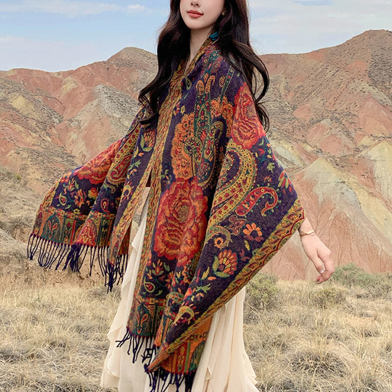 Buddha Stones Tibetan Cashew Peony Flowers Vine Tassels Shawl Fall Winter Cozy Scarf Wrap - Purple - 200*65cm - image 0