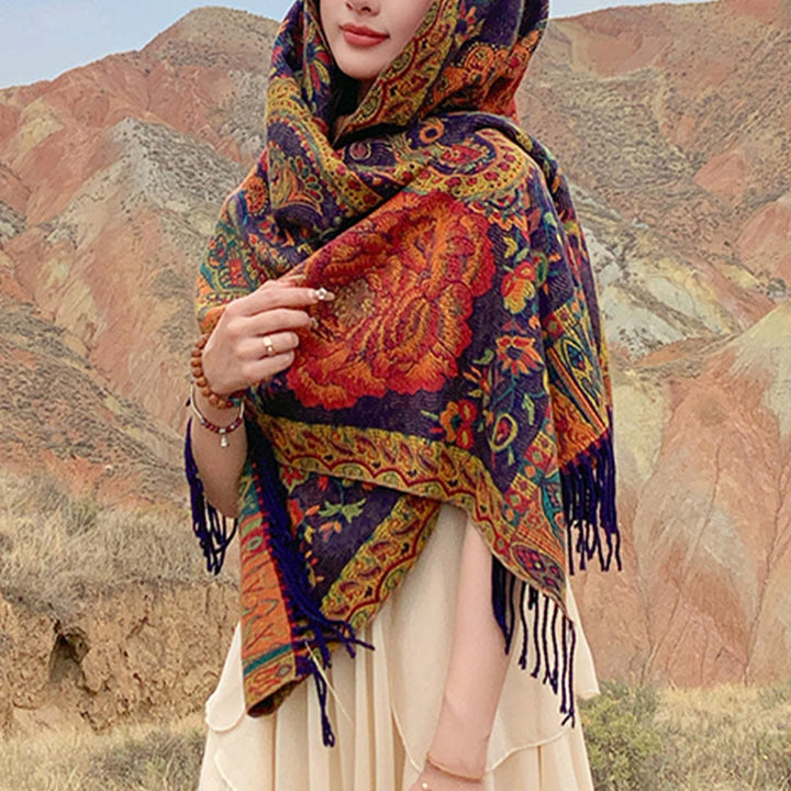 Buddha Stones Tibetan Cashew Peony Flowers Vine Tassels Shawl Fall Winter Cozy Scarf Wrap - image 2