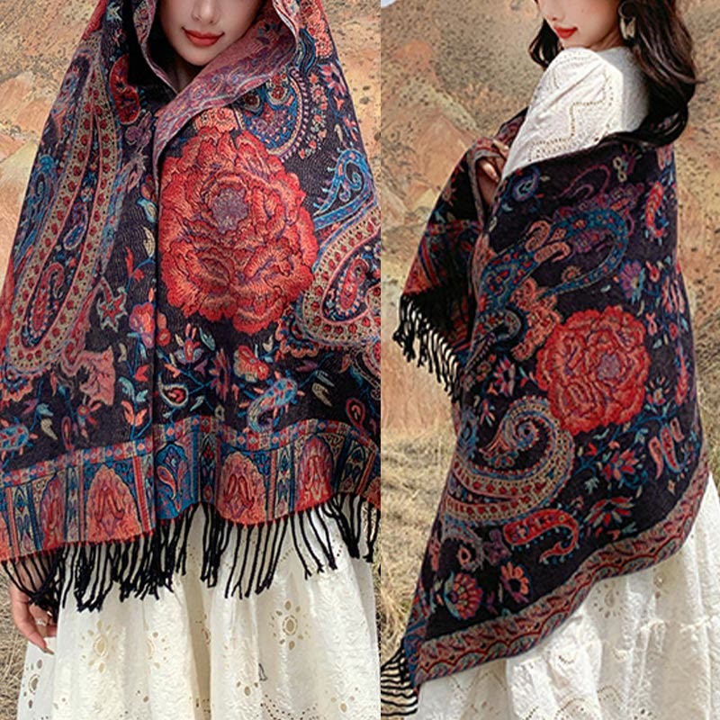 Buddha Stones Tibetan Cashew Peony Flowers Vine Tassels Shawl Fall Winter Cozy Scarf Wrap - image 10