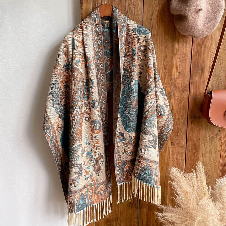 Buddha Stones Tibetan Cashew Peony Flowers Vine Tassels Shawl Fall Winter Cozy Scarf Wrap - Beige - 200*65cm - image 32