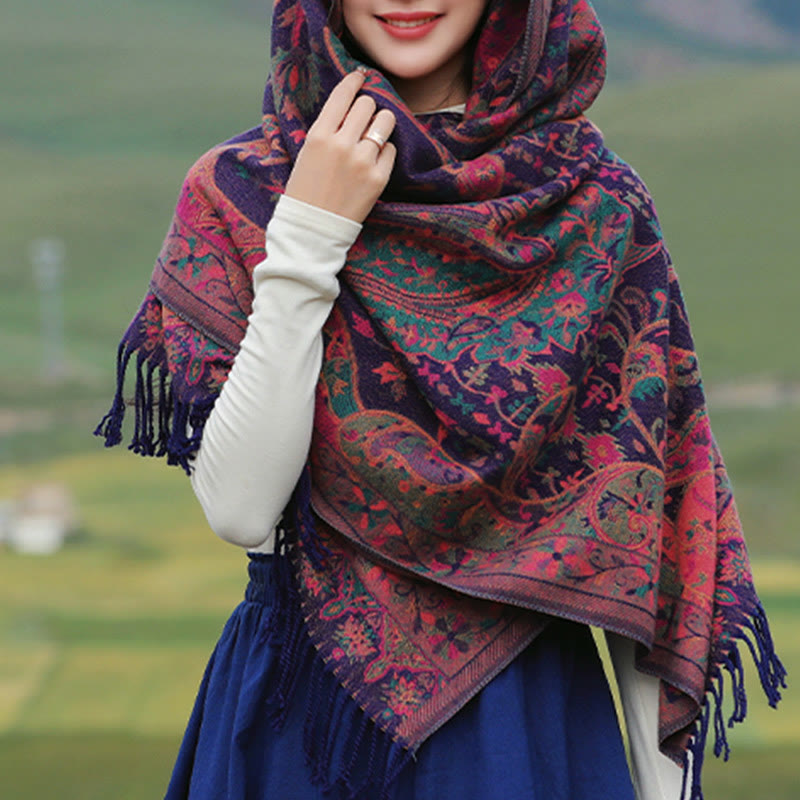 Buddha Stones Tibetan Cashew Flowers Vine Pattern Tassels Shawl Fall Winter Soft Scarf Wrap - image 1