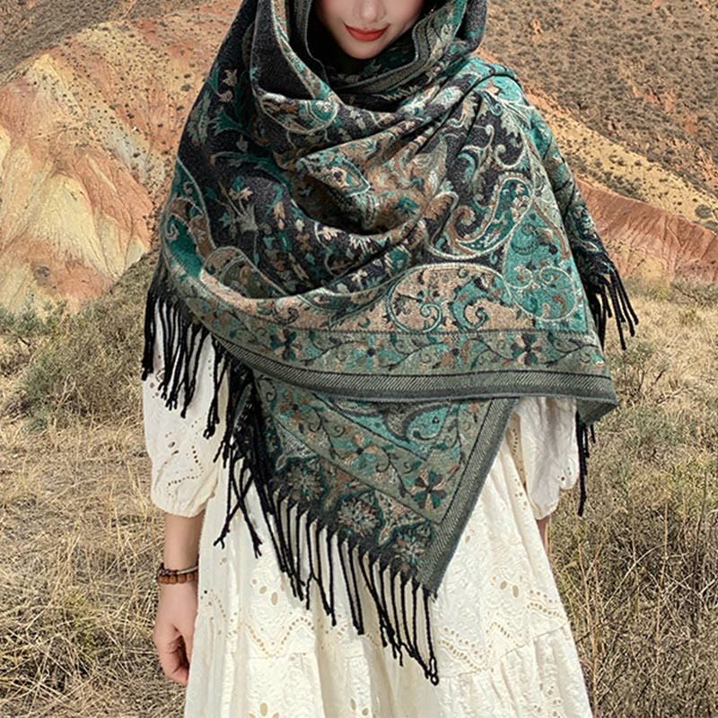 Buddha Stones Tibetan Cashew Flowers Vine Pattern Tassels Shawl Fall Winter Soft Scarf Wrap - image 8