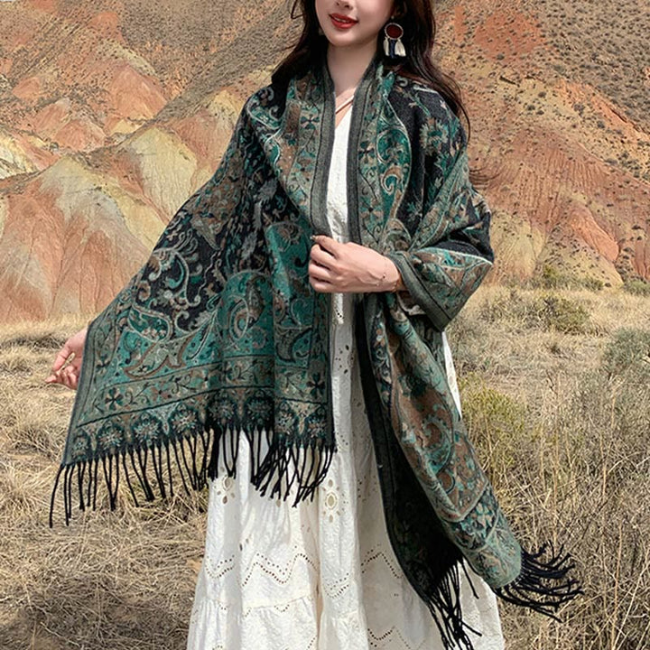 Buddha Stones Tibetan Cashew Flowers Vine Pattern Tassels Shawl Fall Winter Soft Scarf Wrap - DarkCyan - 200*65cm - image 7