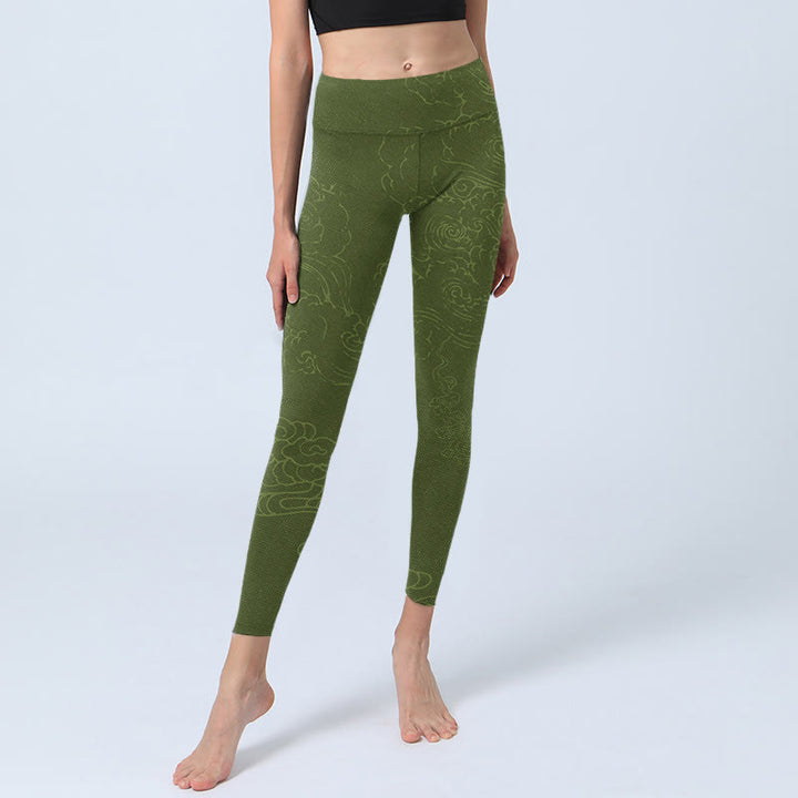 Buddha Stones Green Auspicious Cloud Waves Print Gym Leggings Women's Yoga Pants - image 5