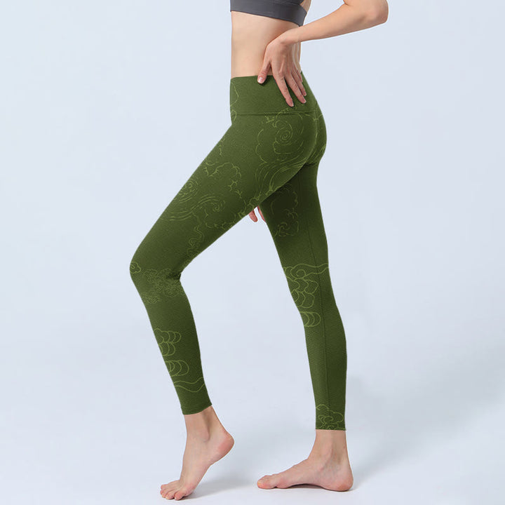 Buddha Stones Green Auspicious Cloud Waves Print Gym Leggings Women's Yoga Pants - image 2