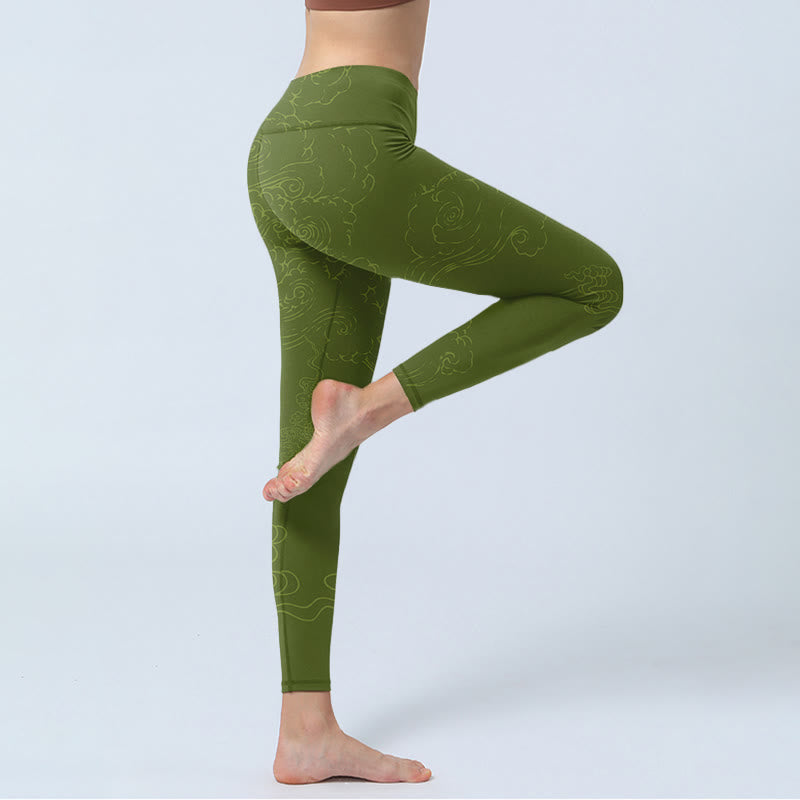 Buddha Stones Green Auspicious Cloud Waves Print Gym Leggings Women's Yoga Pants - image 3