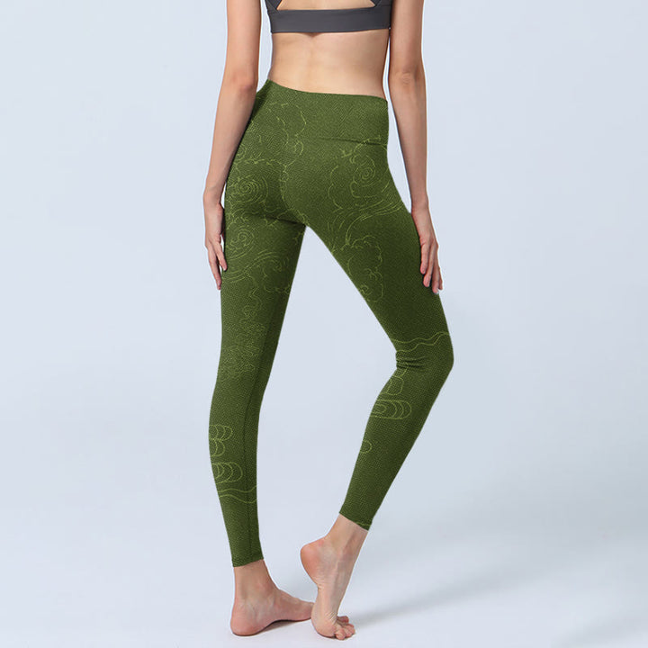 Buddha Stones Green Auspicious Cloud Waves Print Gym Leggings Women's Yoga Pants - image 4