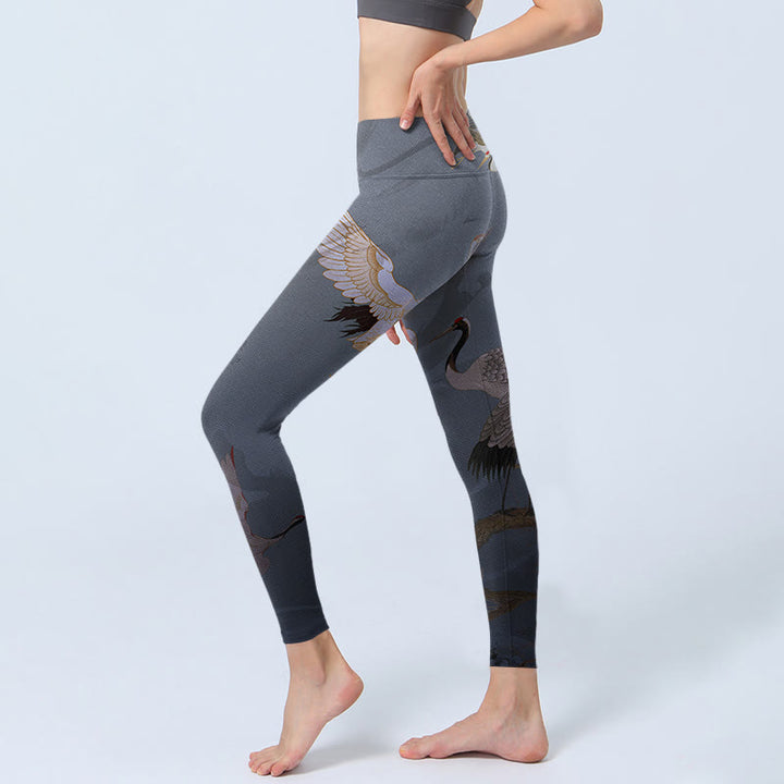 Buddha Stones Auspicious White Crane Pine Tree Print Gym Leggings Women's Yoga Pants - image 2