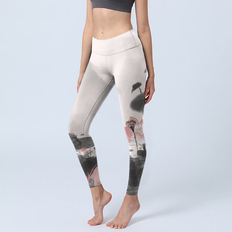 Buddha Stones Ink Painting Lotus Flower Leaf Print Gym Fitness Leggings Women's Yoga Pants - WhiteSmoke - US18，UK/AU22，EU50 (4XL) - image 0