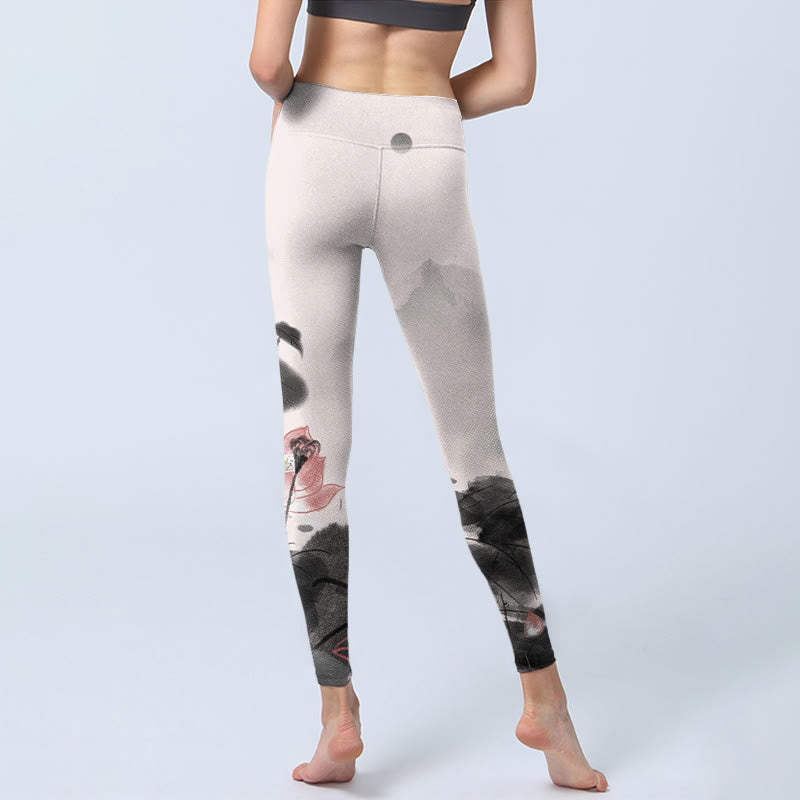 Buddha Stones Ink Painting Lotus Flower Leaf Print Gym Fitness Leggings Women's Yoga Pants - image 6