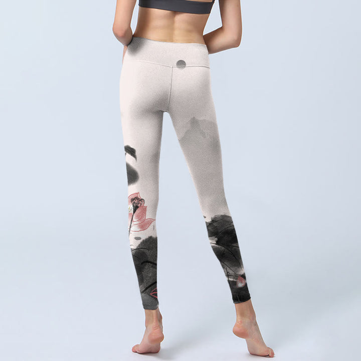 Buddha Stones Ink Painting Lotus Flower Leaf Print Gym Fitness Leggings Women's Yoga Pants - image 6