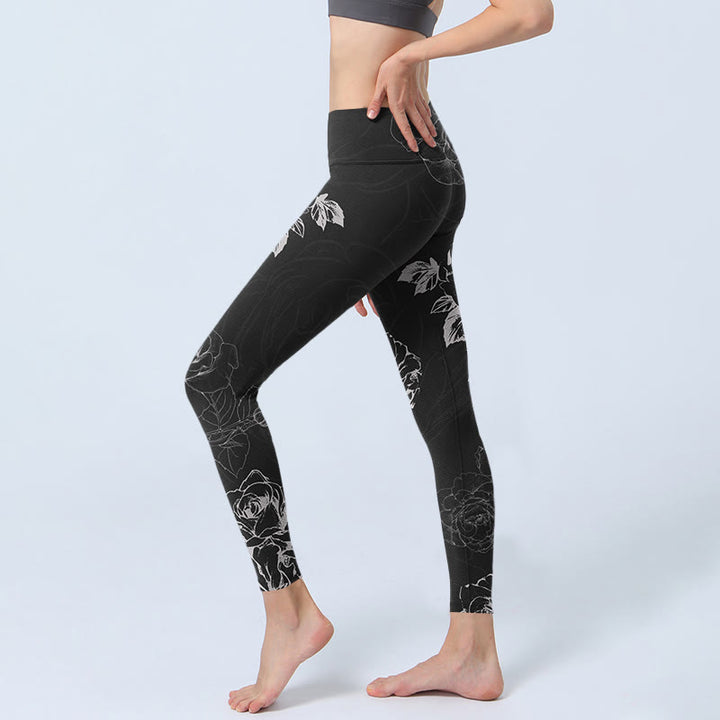 Buddha Stones Gray Peony Rose Flower Sketch Print Gym Fitness Leggings Women's Yoga Pants - image 2