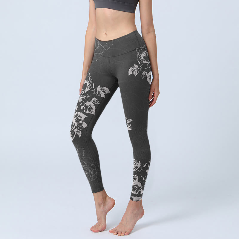 Buddha Stones Gray Peony Rose Flower Sketch Print Gym Fitness Leggings Women's Yoga Pants - Gray - US18，UK/AU22，EU50 (4XL) - image 0