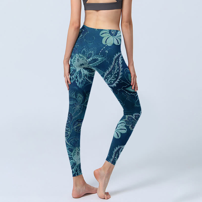 Buddha Stones Blue Flowers Print Sports Fitness Leggings Women's Yoga Pants - image 4