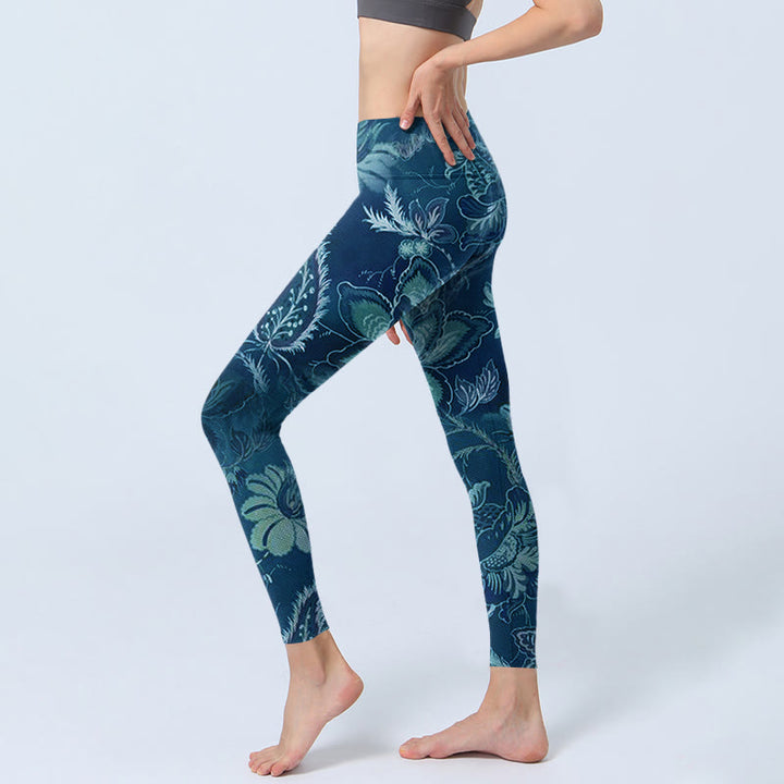 Buddha Stones Blue Flowers Print Sports Fitness Leggings Women's Yoga Pants - image 2