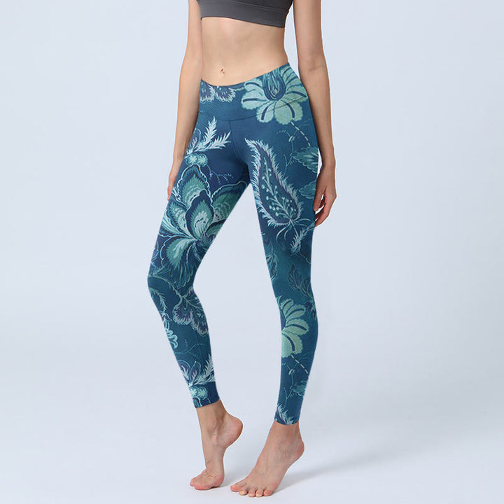 Buddha Stones Blue Flowers Print Sports Fitness Leggings Women's Yoga Pants - SteelBlue - US18，UK/AU22，EU50 (4XL) - image 0