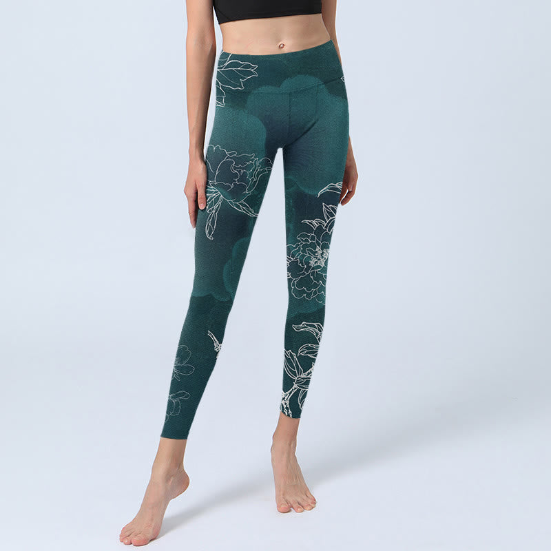 Buddha Stones Peony Flower Magpie Butterfly Print Gym Fitness Leggings Women's Yoga Pants - image 5