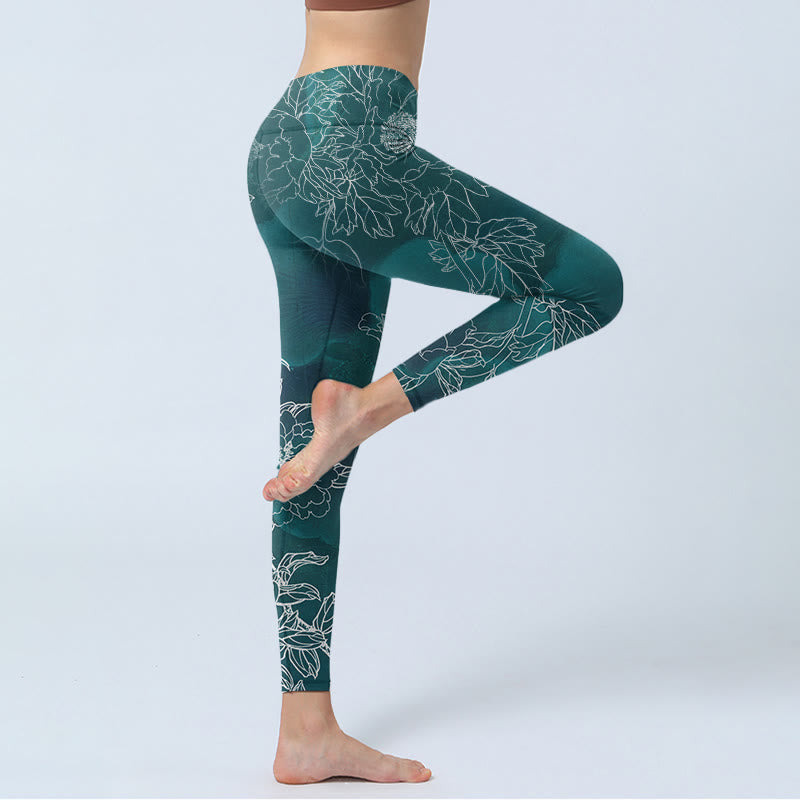 Buddha Stones Peony Flower Magpie Butterfly Print Gym Fitness Leggings Women's Yoga Pants - image 3