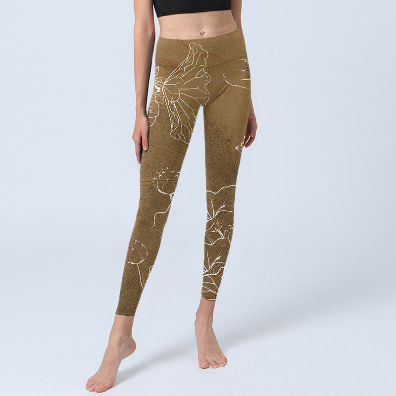 Buddha Stones Goldenrod Lotus Flowers Leaves Print Gym Fitness Leggings Women's Yoga Pants - image 5