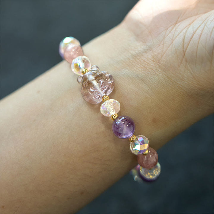 Buddha Stones Amethyst Strawberry Quartz White Crystal Nine Tailed Fox Meditation Bracelet - image 5