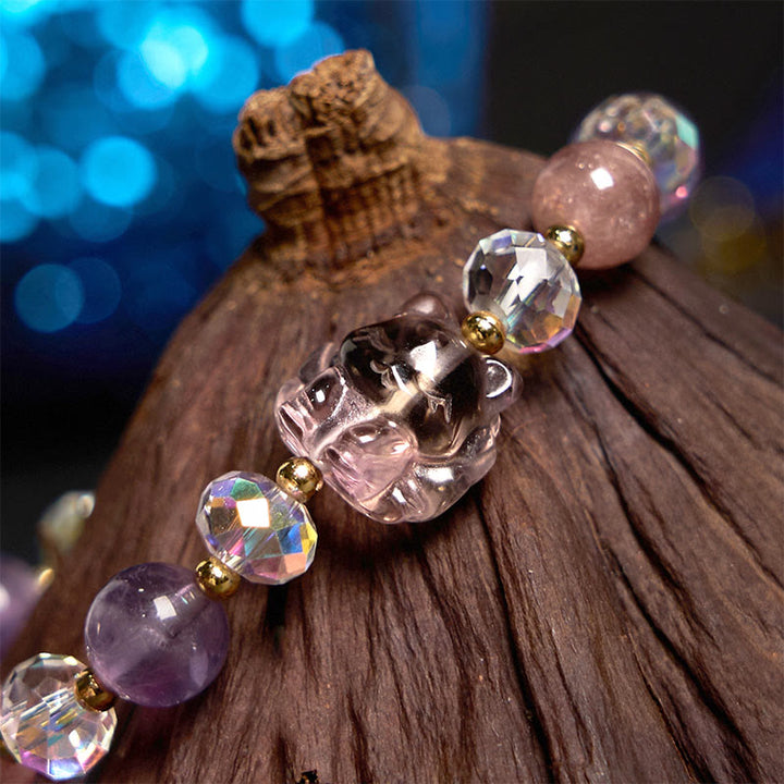 Buddha Stones Amethyst Strawberry Quartz White Crystal Nine Tailed Fox Meditation Bracelet - image 3