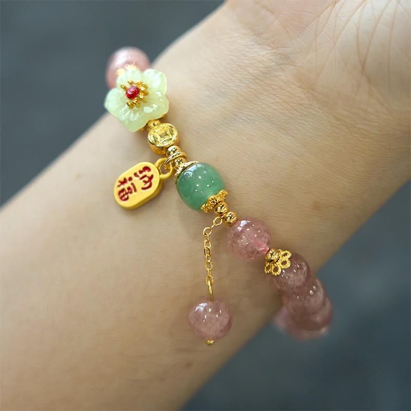 Buddha Stones Natural Strawberry Quartz Blossom Fu Character Positivity Healing Bracelet - image 4