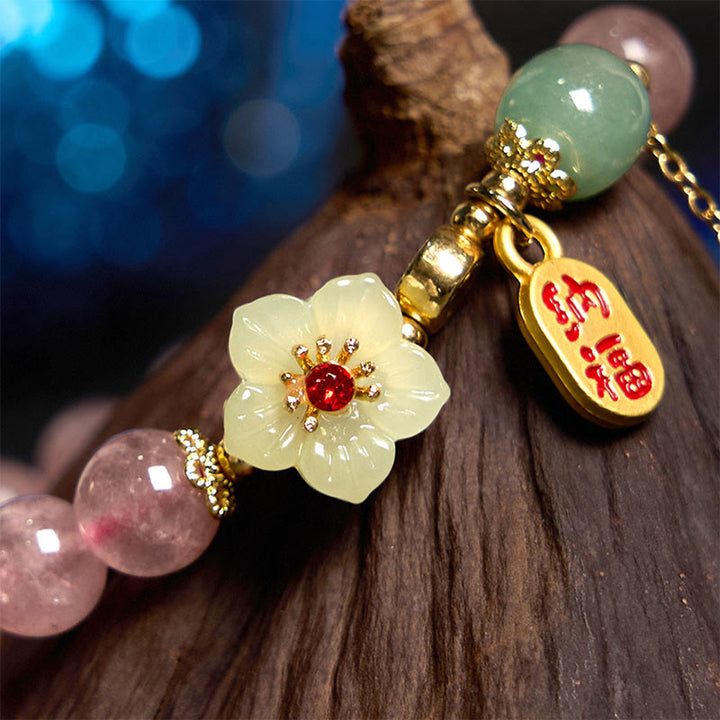 Buddha Stones Natural Strawberry Quartz Blossom Fu Character Positivity Healing Bracelet - image 3