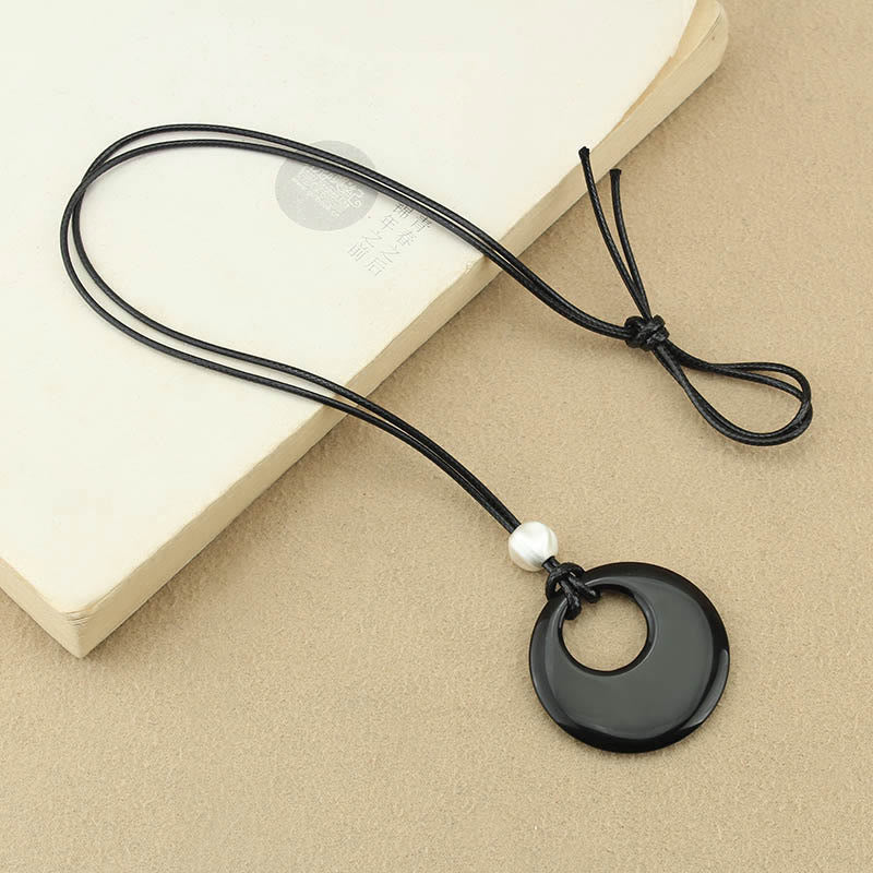 Buddha Stones Black Obsidian Liuli Picture Stone Copper Fulfilment Necklace Pendant - Black Obsidian White Copper - image 3