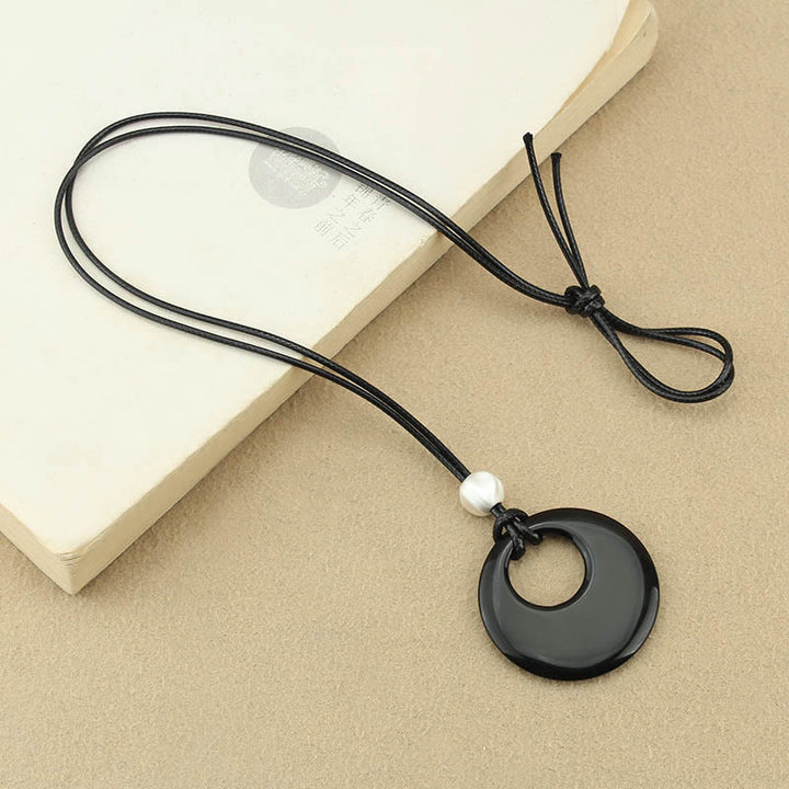 Buddha Stones Black Obsidian Liuli Picture Stone Copper Fulfilment Necklace Pendant - Black Obsidian White Copper - image 3