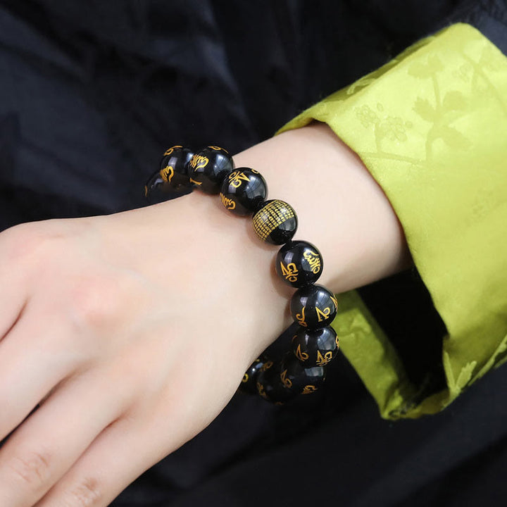 Buddha Stones Six True Words Om Mani Padme Hum Rainbow Obsidian Gold Foil Creativity Bracelet - image 8