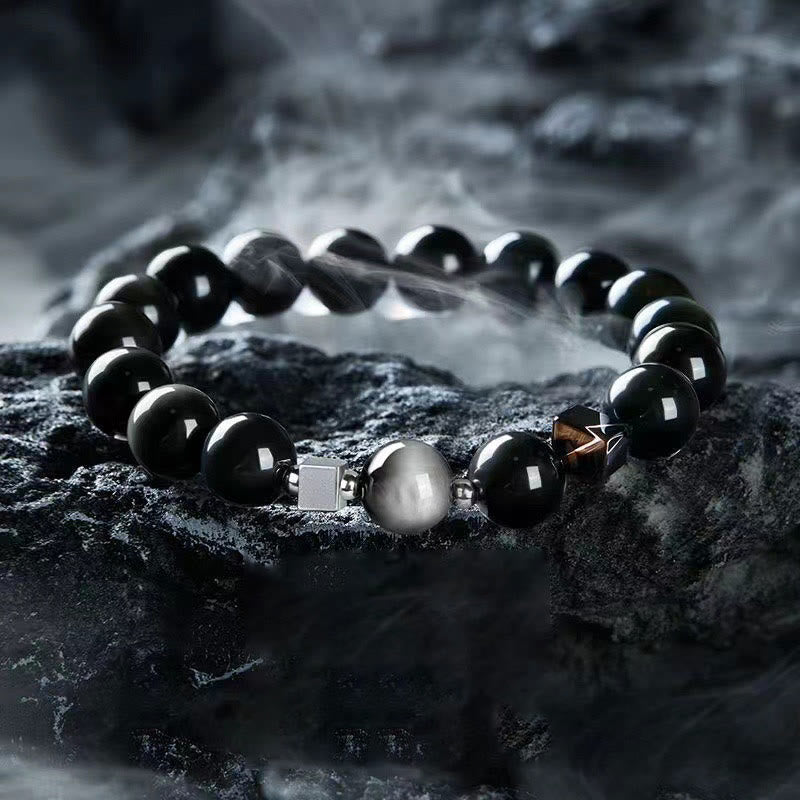 Buddha Stones Black Obsidian Eagle's Eye Stone Gold Sheen Obsidian Tiger's Eye Strength Bracelet - 10mm Rainbow Obsidian(Wrist Circumference: 14-16cm) - image 0