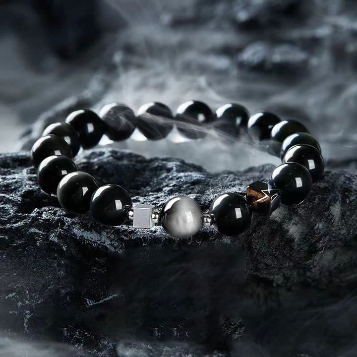 Buddha Stones Black Obsidian Eagle's Eye Stone Gold Sheen Obsidian Tiger's Eye Strength Bracelet - 10mm Rainbow Obsidian(Wrist Circumference: 14-16cm) - image 0
