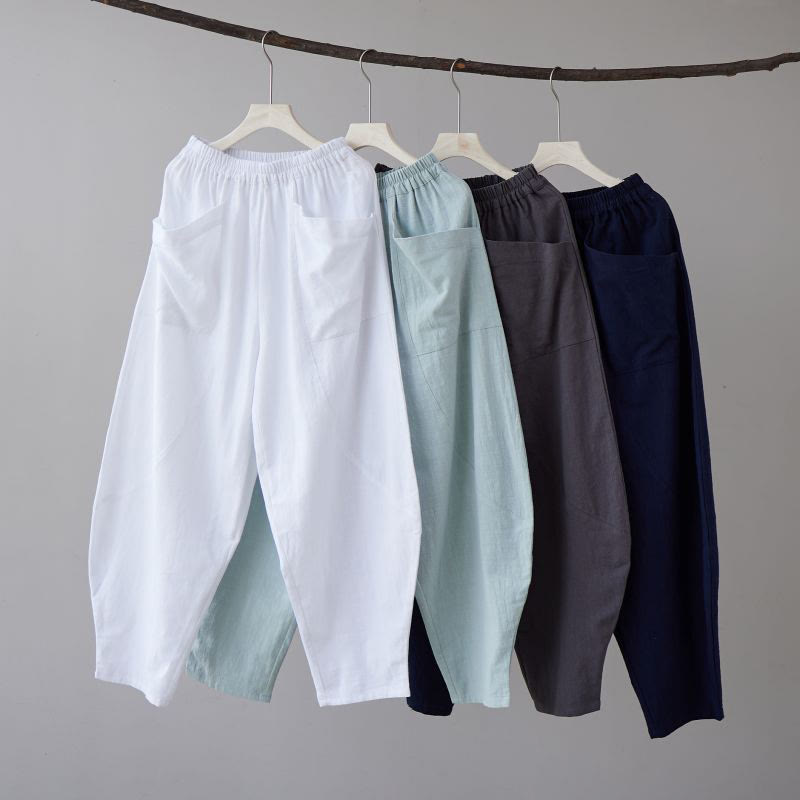 Buddha Stones Solid Color Cotton Ramie Linen Men's Elastic Waist Harem Pants With Pockets - image 1