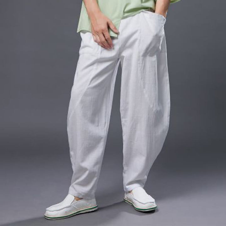 Buddha Stones Solid Color Cotton Ramie Linen Men's Elastic Waist Harem Pants With Pockets - image 2