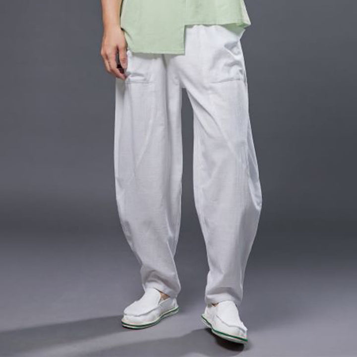 Buddha Stones Solid Color Cotton Ramie Linen Men's Elastic Waist Harem Pants With Pockets - image 7
