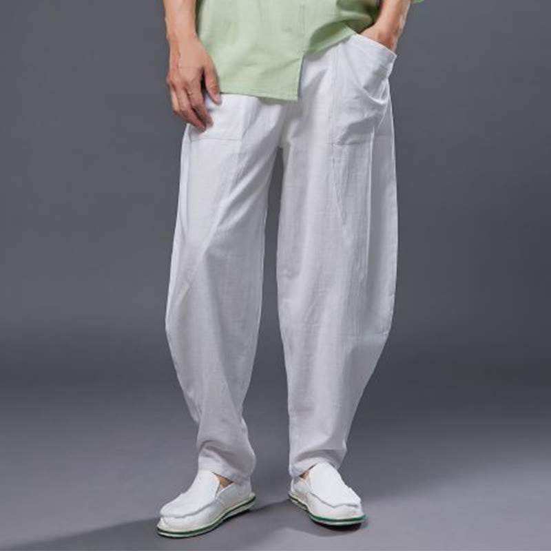 Buddha Stones Solid Color Cotton Ramie Linen Men's Elastic Waist Harem Pants With Pockets - image 9