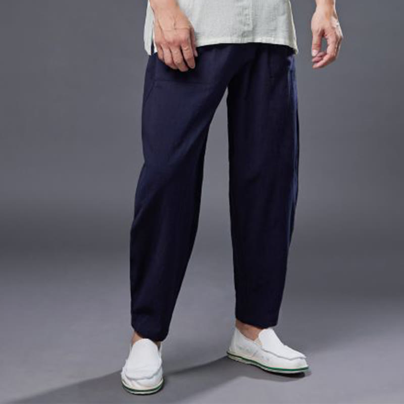 Buddha Stones Solid Color Cotton Ramie Linen Men's Elastic Waist Harem Pants With Pockets - image 17