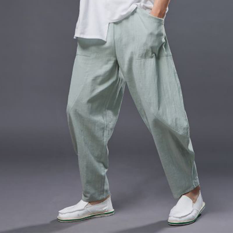 Buddha Stones Solid Color Cotton Ramie Linen Men's Elastic Waist Harem Pants With Pockets - image 22