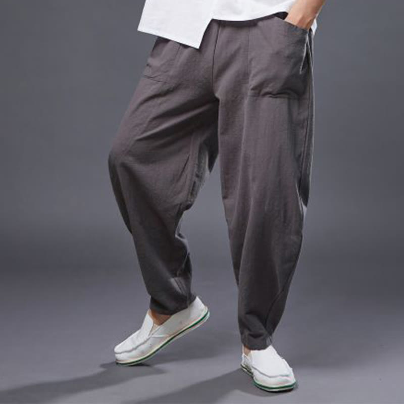 Buddha Stones Solid Color Cotton Ramie Linen Men's Elastic Waist Harem Pants With Pockets - image 38
