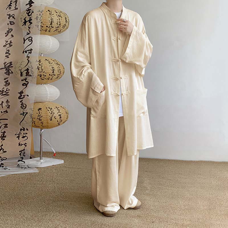 Buddha Stones 2Pcs Men's Long Sleeve Frog-Button Shirt Pants Meditation Zen Cotton Clothing Set - Wheat - US/UK/AU46，EU56 (5XL) - image 0