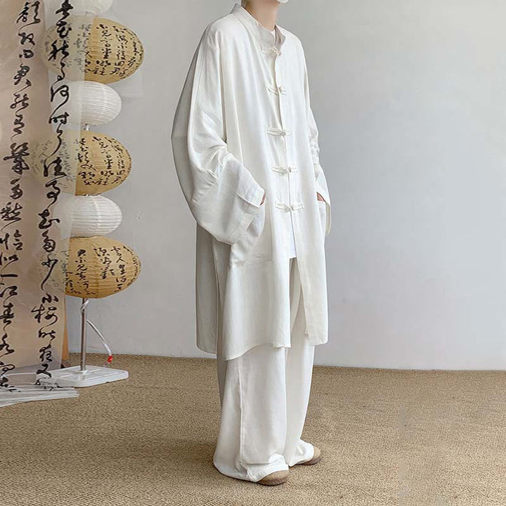 Buddha Stones 2Pcs Men's Long Sleeve Frog-Button Shirt Pants Meditation Zen Cotton Clothing Set - image 4