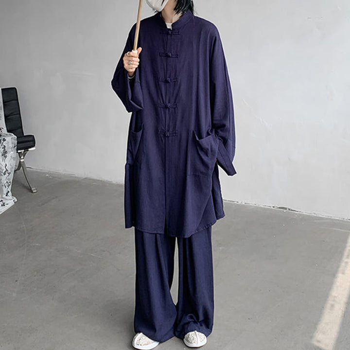 Buddha Stones 2Pcs Men's Long Sleeve Frog-Button Shirt Pants Meditation Zen Cotton Clothing Set - image 13