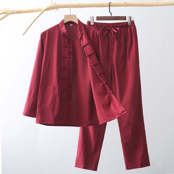 Buddha Stones 2Pcs Tang Suit Traditional Frog-Button Men's Long Sleeve Shirt Pants Clothing Set - Crimson - US/UK/AU44，EU54 (4XL) - image 14