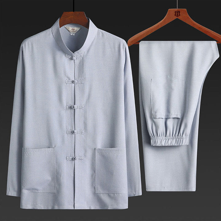 Buddha Stones 2Pcs Tang Suit Plain Color Frog-Button Men's Long Sleeve Shirt Pants Set - LightGrey - 2Pcs Set - US/UK/AU42，EU52 (4XL) - image 3