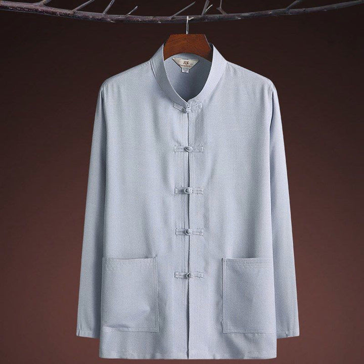 Buddha Stones 2Pcs Tang Suit Plain Color Frog-Button Men's Long Sleeve Shirt Pants Set - image 7