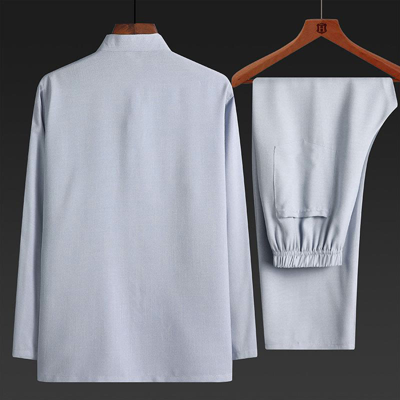 Buddha Stones 2Pcs Tang Suit Plain Color Frog-Button Men's Long Sleeve Shirt Pants Set - image 6