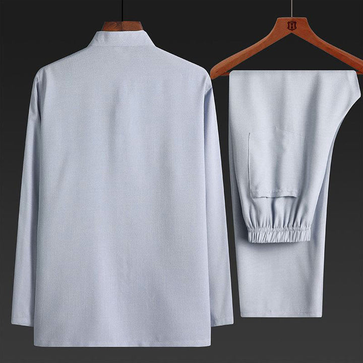 Buddha Stones 2Pcs Tang Suit Plain Color Frog-Button Men's Long Sleeve Shirt Pants Set - image 6