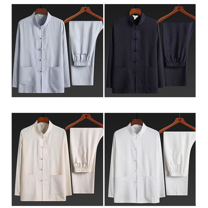 Buddha Stones 2Pcs Tang Suit Plain Color Frog-Button Men's Long Sleeve Shirt Pants Set - image 22
