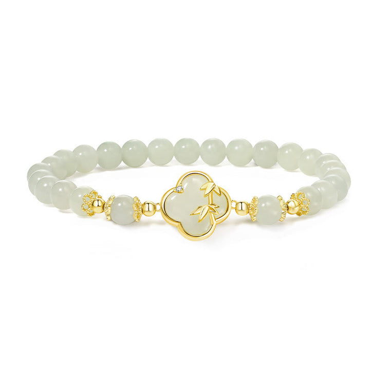 Buddha Stones Hetian Jade 925 Sterling Silver Four Leaf Clover Bamboo Luck Bracelet - image 2
