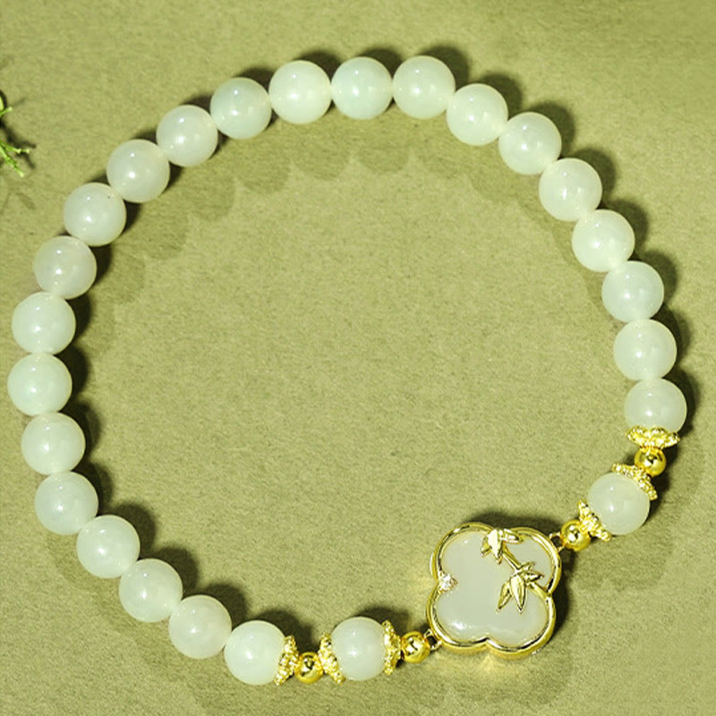 Buddha Stones Hetian Jade 925 Sterling Silver Four Leaf Clover Bamboo Luck Bracelet - image 1